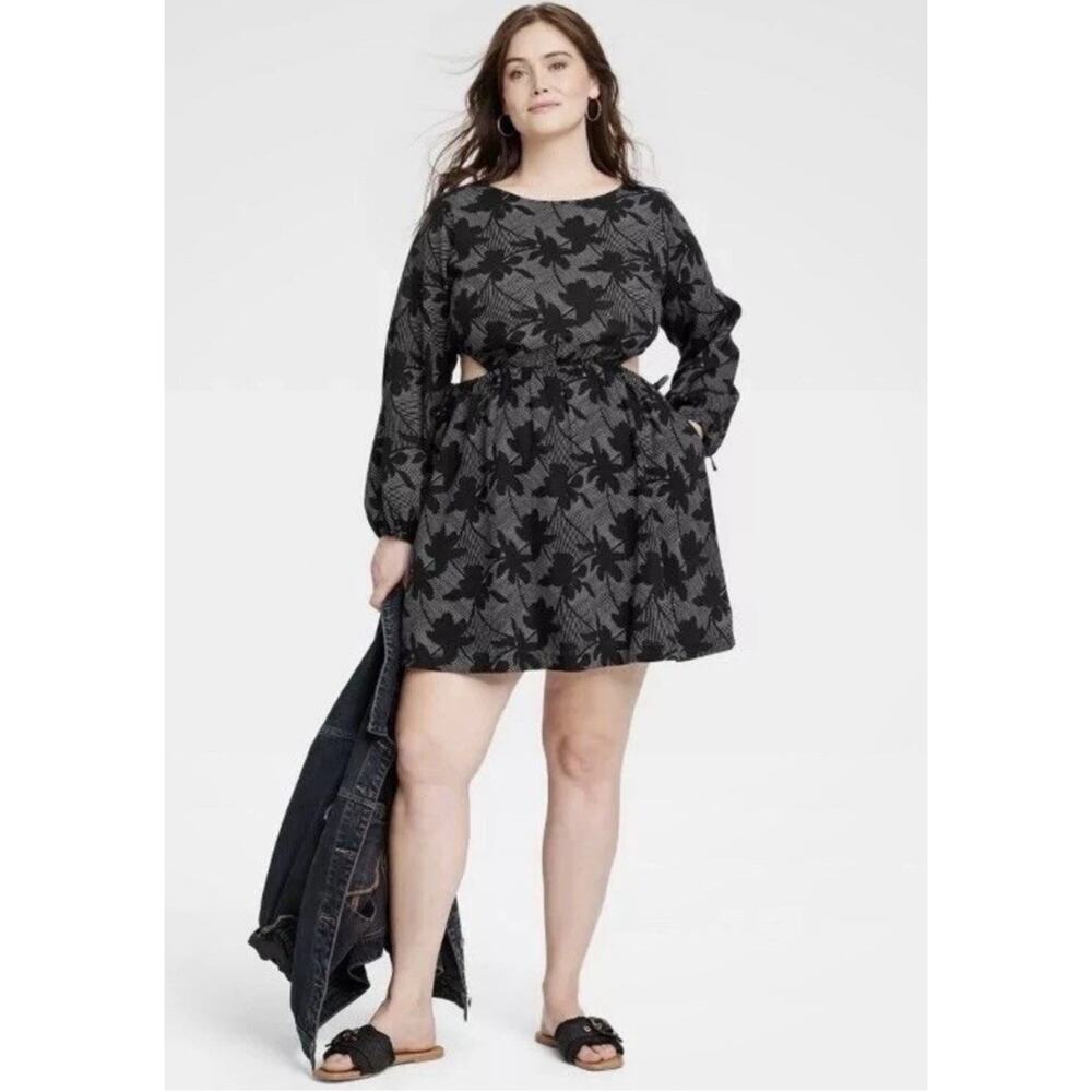 Universal Thread Women's Balloon Long Sleeve Mini A-Line Dress Black Floral XXL